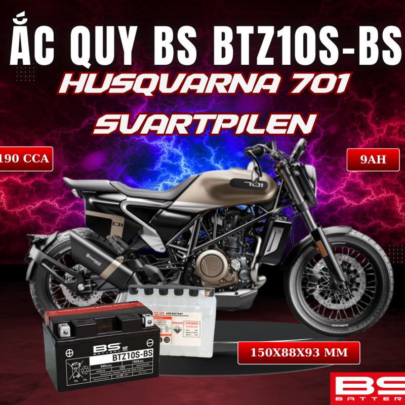 BÌNH ẮC QUY BS BATTERY BTZ10S-BS 190CCA HUSQVARNA 701 SVARTPILEN (150 x 88 x 93 mm)