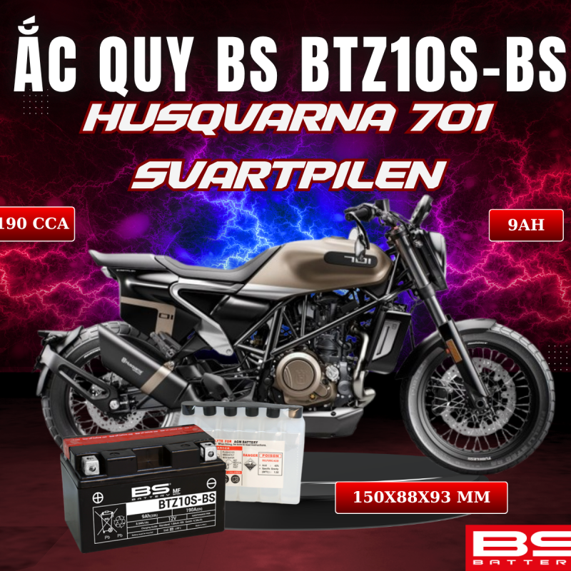 ẮC QUY BS BATTERY BTZ10S-BS 190CCA  HUSQVARNA SVARTPILEN 701 (150 x 88 x 93 mm)