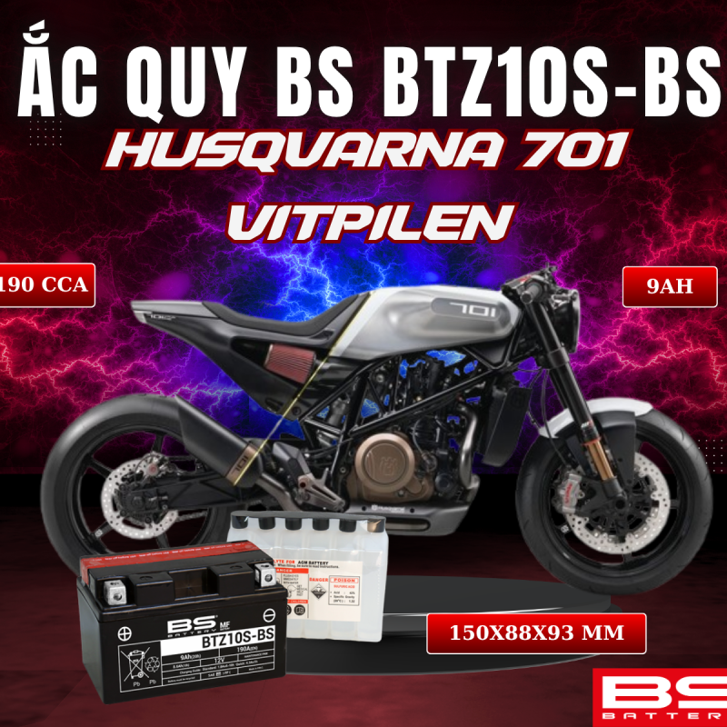 ẮC QUY BS BATTERY BTZ10S-BS 190CCA HUSQVARNA VITPILEN 701 (150 x 88 x 93 mm)