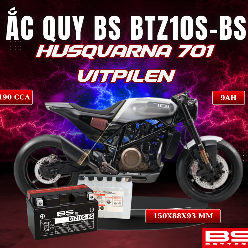 BÌNH ẮC QUY BS BATTERY BTZ10S-BS 190CCA HUSQVARNA 701 VITPILEN (150 x 88 x 93 mm)