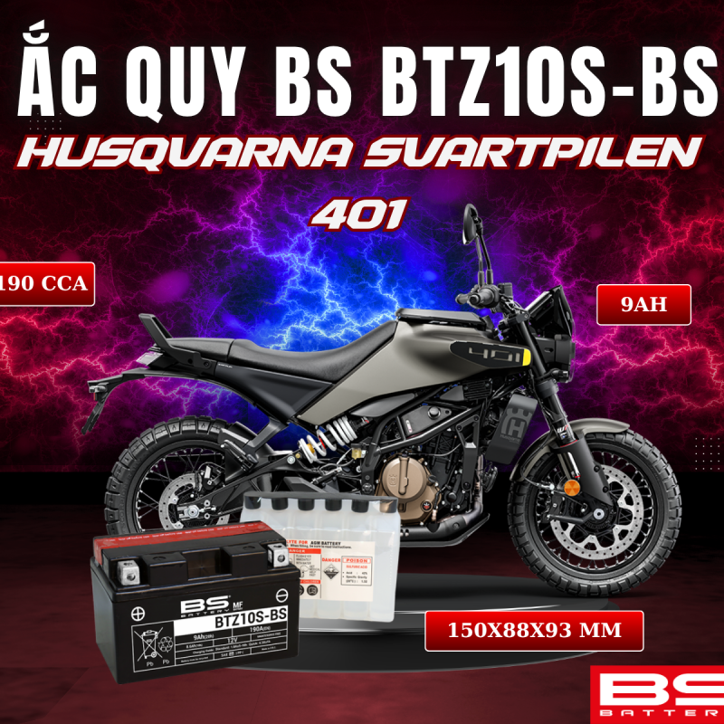 ẮC QUY BS BATTERY BTZ10S-BS 190CCA HUSQVARNA SVARTPILEN 401 (150 x 88 x 93 mm)