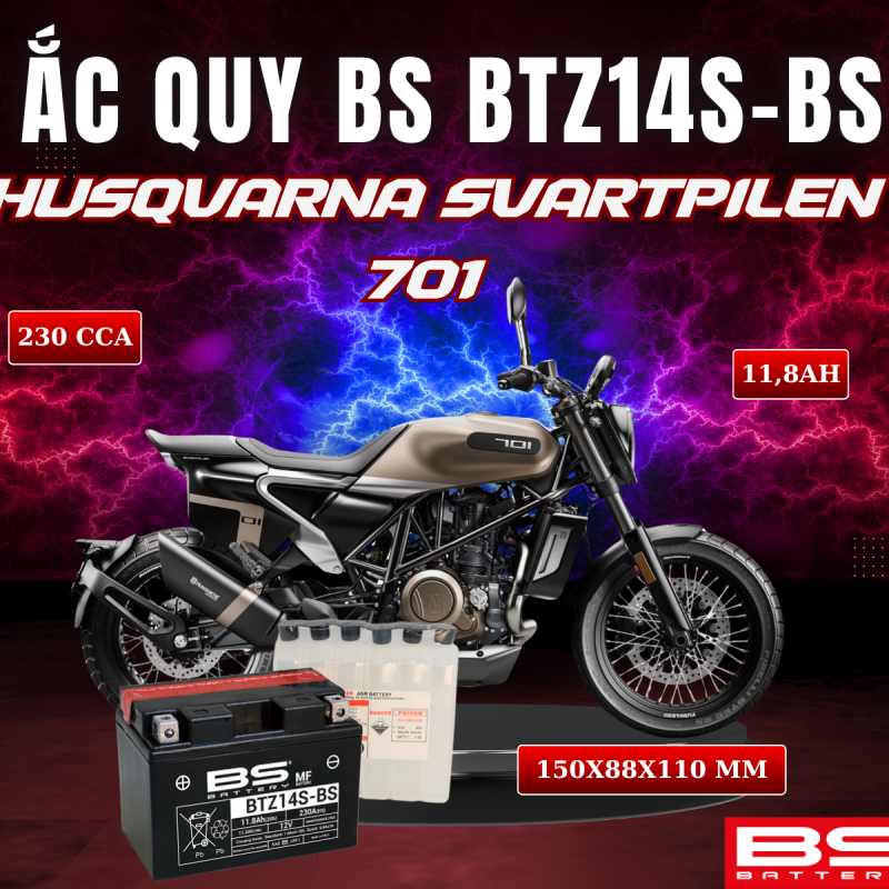 ẮC QUY BS BATTERY BTZ14S-BS 230CCA HUSQVARNA SVARTPILEN 701 (150 x 88 x 110mm)