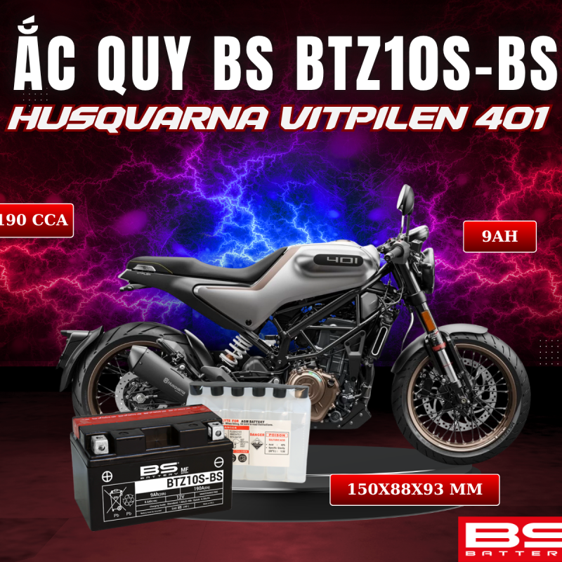 ẮC QUY BS BATTERY BTZ10S-BS 190CCA HUSQVARNA VITPILEN 401 (150 x 88 x 93 mm)