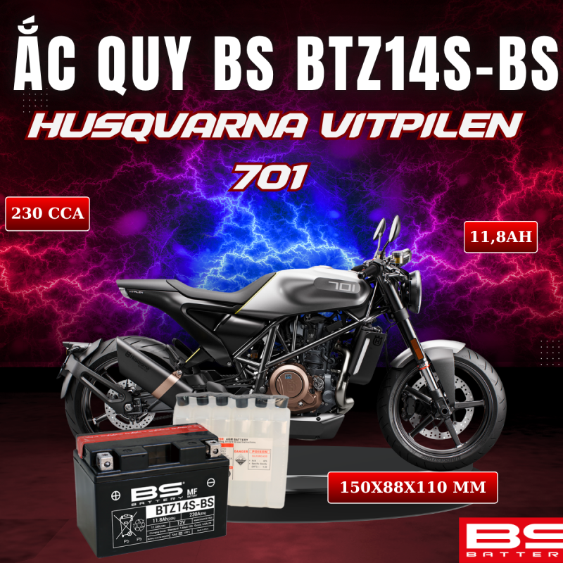 ẮC QUY BS BATTERY BTZ14S-BS 230CCA HUSQVARNA VITPILEN 701 (150 x 88 x 110mm)