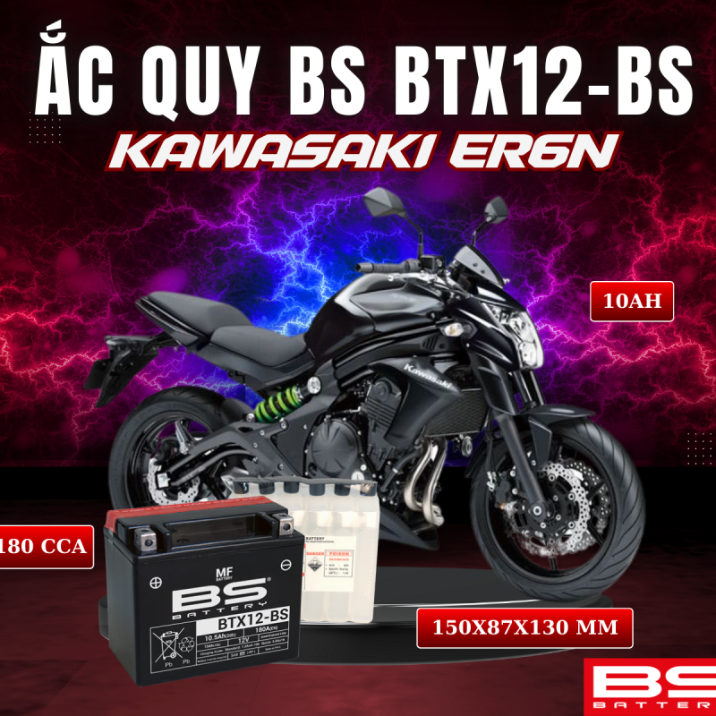 BÌNH ẮC QUY BS BTX12-BS 180CCA KAWASAKI ER6N (150x87x130 mm)