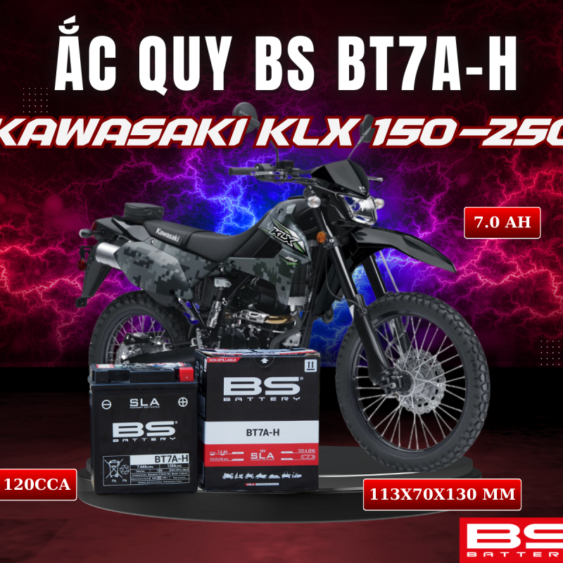 BÌNH ẮC QUY BS BT7A-H 120CCA KAWASAKI KLX 150-250 (113x70x130 mm)