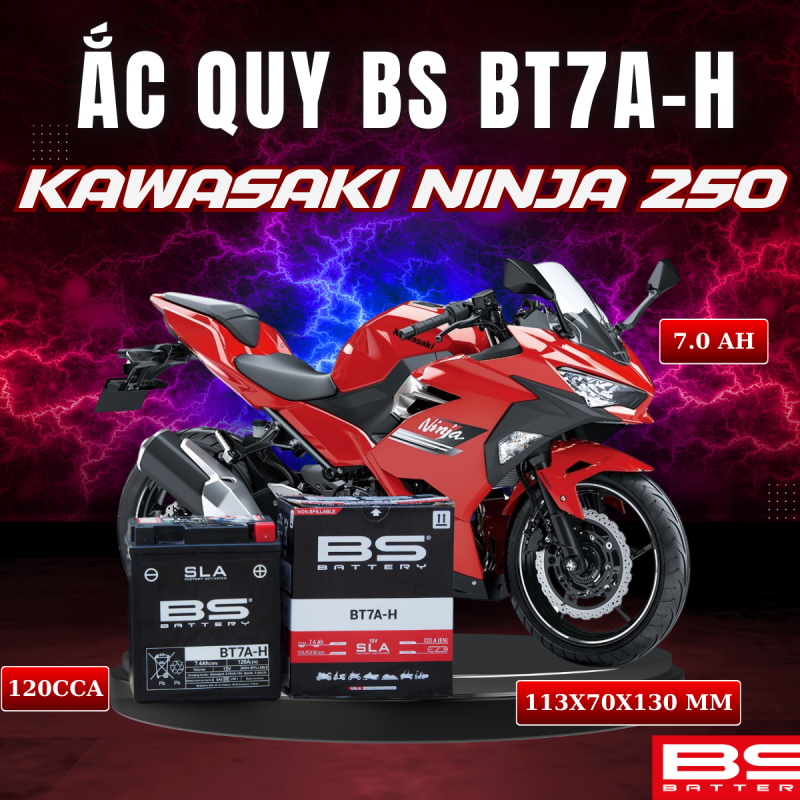 BÌNH ẮC QUY BS BT7A-H 120CCA KAWASAKI NINJA 250 (113x70x130 mm)