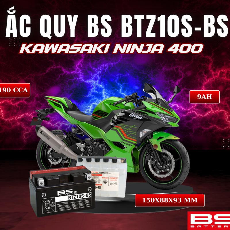 ẮC QUY BS BATTERY BTZ10S-BS 190CCA KAWASAKI NINJA 400 (150 x 88 x 93 mm)