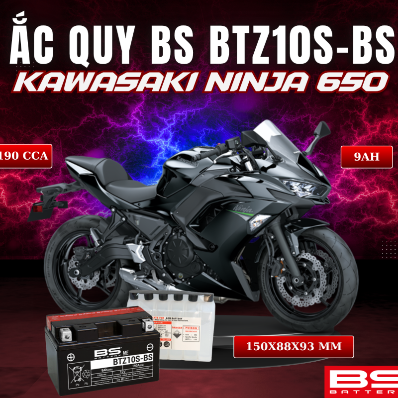 ẮC QUY BS BATTERY BTZ10S-BS 190CCA KAWASAKI NINJA 650 (150 x 88 x 93 mm)