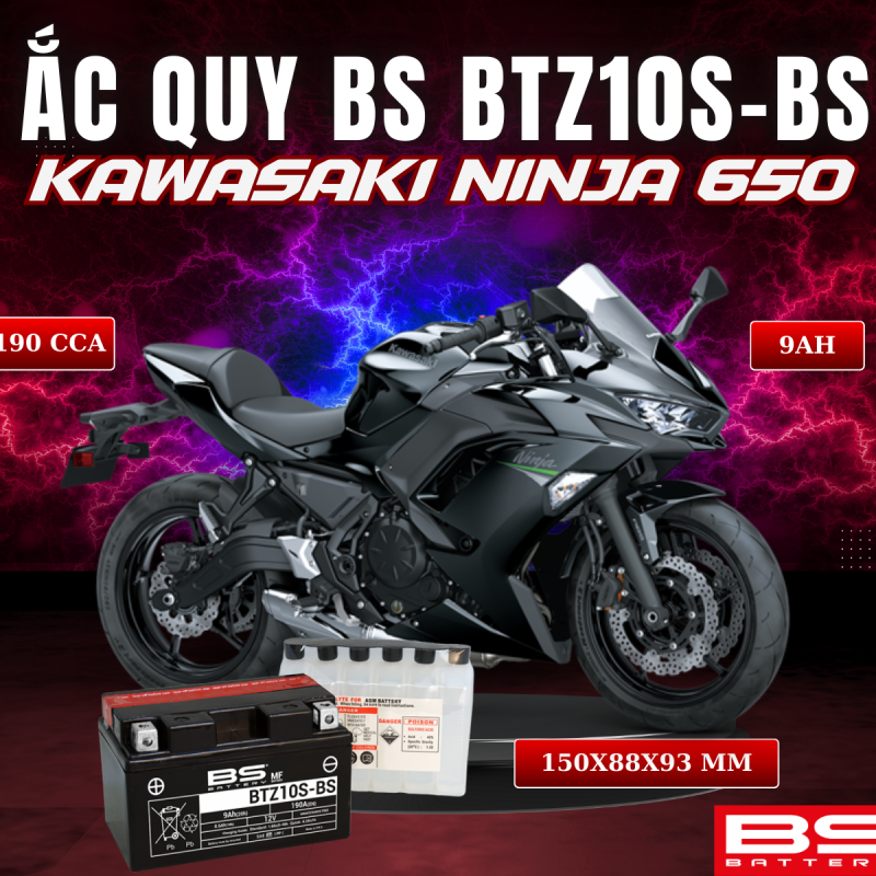 BÌNH ẮC QUY BS BATTERY BTZ10S-BS 190CCA KAWASAKI NINJA 650 (150 x 88 x 93 mm)