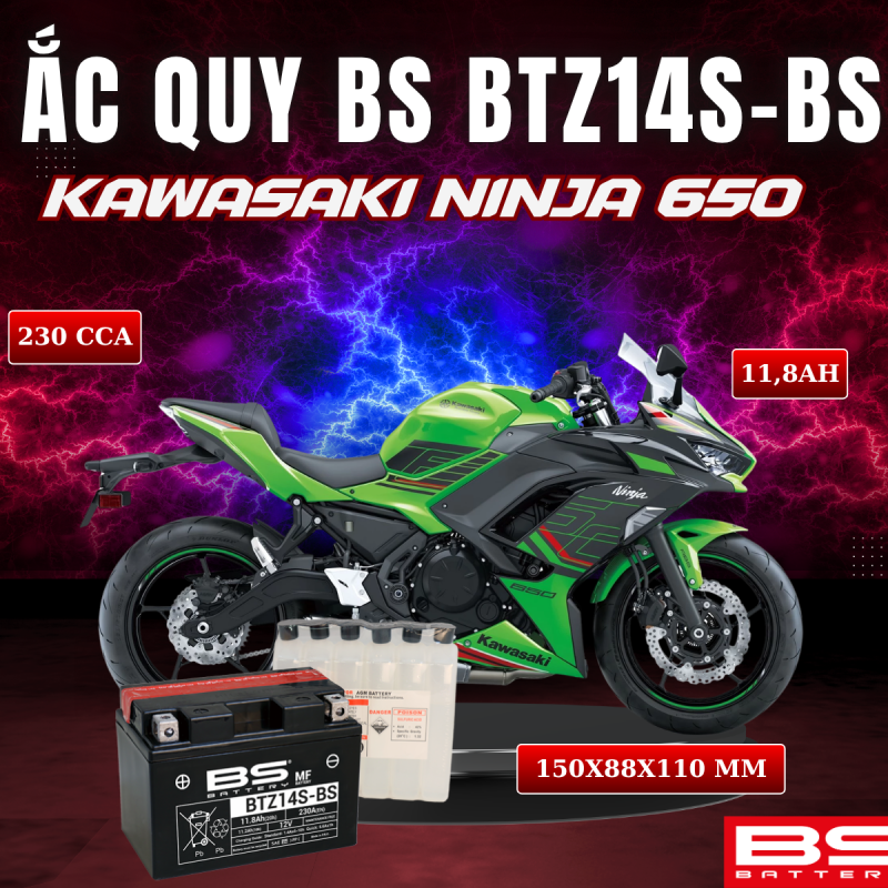 ẮC QUY BS BATTERY BTZ14S-BS 230CCA  KAWASAKI NINJA 650 (150 x 88 x 110mm)