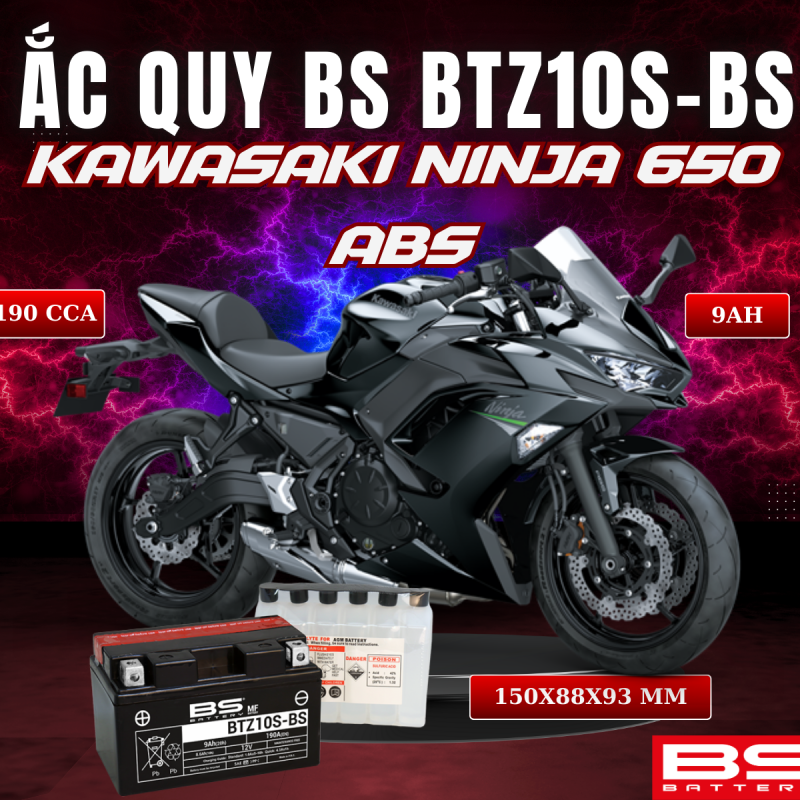 BÌNH ẮC QUY BS BATTERY BTZ10S-BS 190CCA KAWASAKI NINJA 650 ABS (150 x 88 x 93 mm)