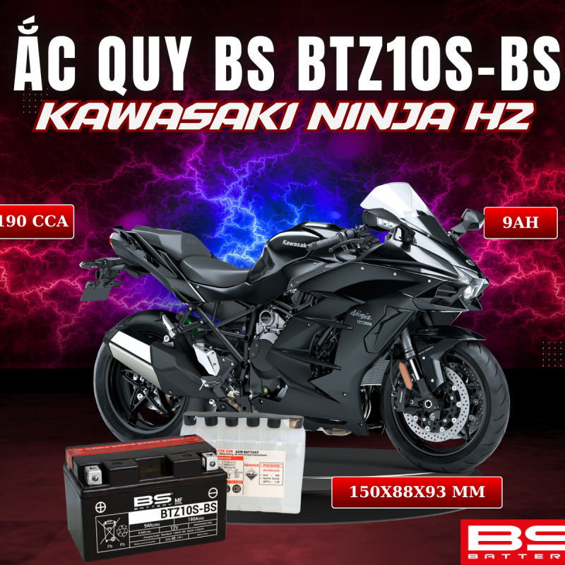 BÌNH ẮC QUY BS BATTERY BTZ10S-BS 190CCA KAWASAKI NINJA H2 (150 x 88 x 93 mm)