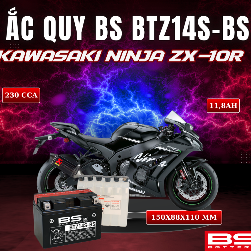 ẮC QUY BS BATTERY BTZ14S-BS 230CCA KAWASAKI NINJA ZX-10R (150 x 88 x 110mm)