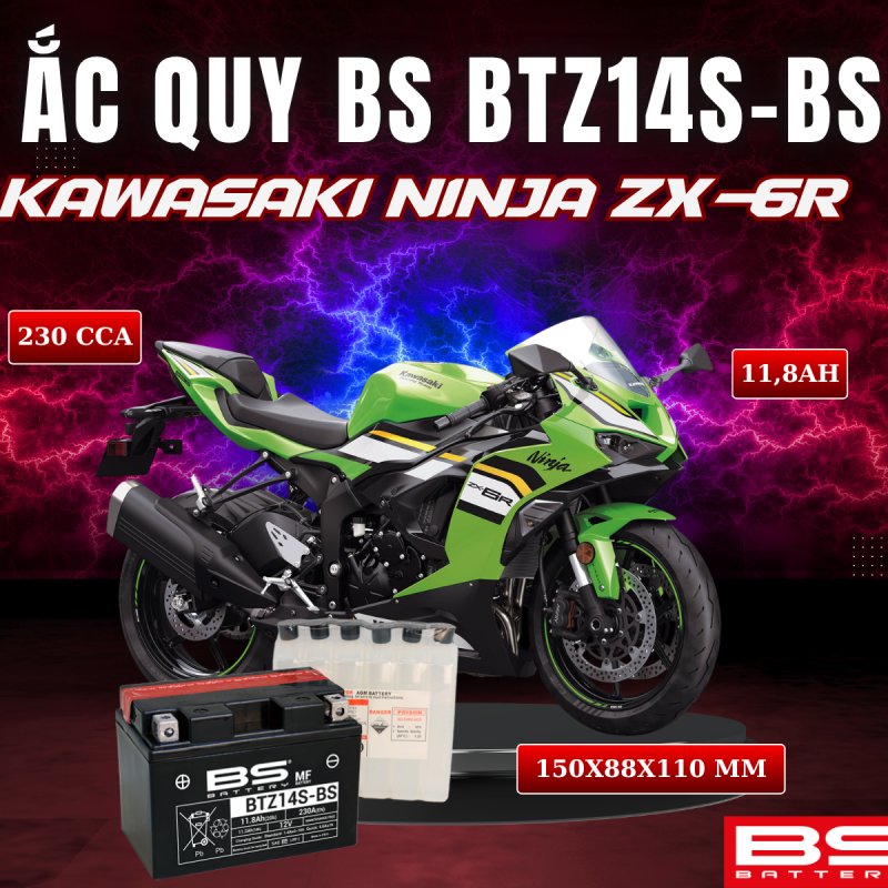 ẮC QUY BS BATTERY BTZ14S-BS 230CCA KAWASAKI NINJA ZX-6R (150 x 88 x 110mm)