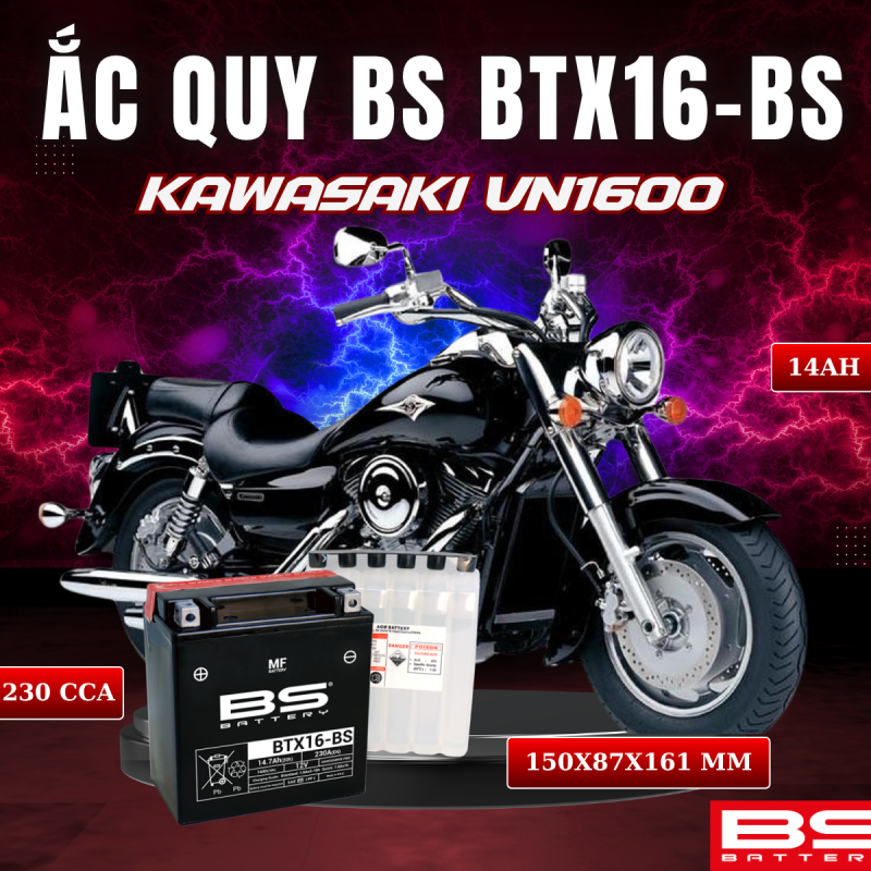 ẮC QUY BS BTX16-BS 230CCA KAWASAKI VN1600 (150x 87x 161mm)