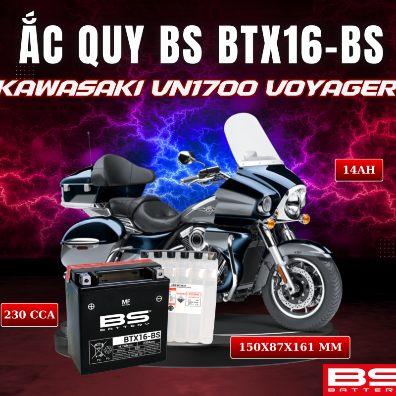 BÌNH ẮC QUY BS BTX16-BS 230CCA KAWASAKI VN1700 VOYAGER (150x 87x 161mm)
