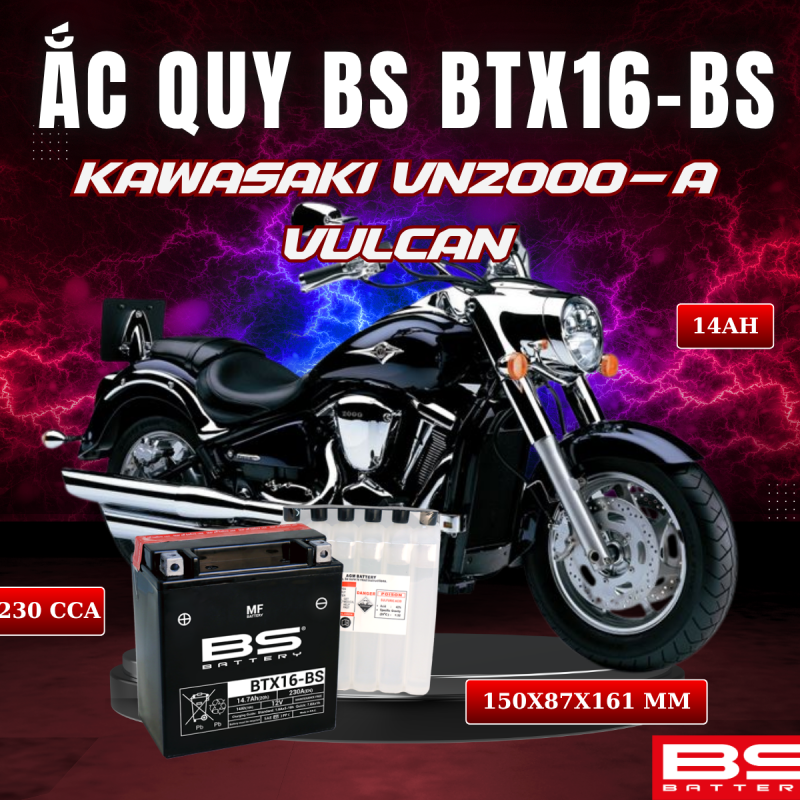 ẮC QUY BS BTX16-BS 230CCA KAWASAKI VN2000 VULCAN (150x 87x 161mm)