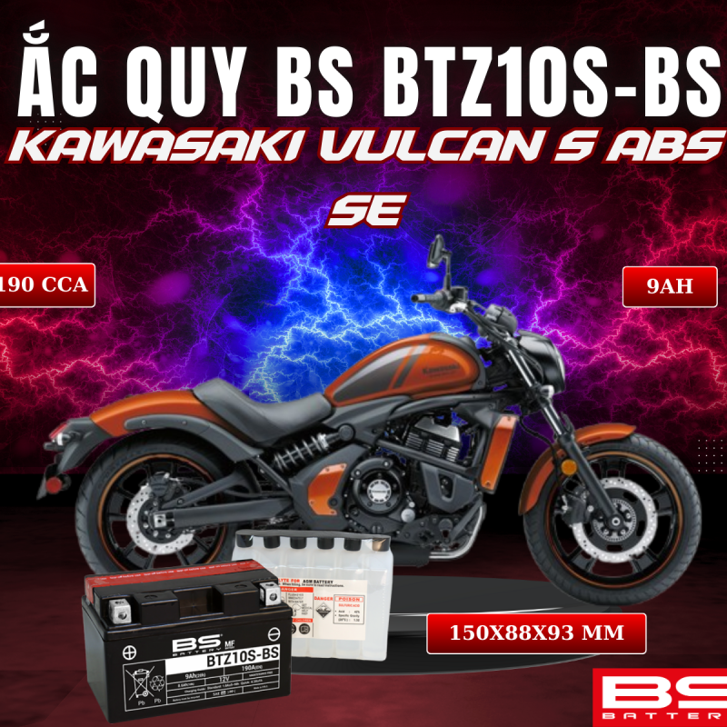 BÌNH ẮC QUY BS BATTERY BTZ10S-BS 190CCA KAWASAKI VULCAN S ABS SE (150 x 88 x 93 mm)