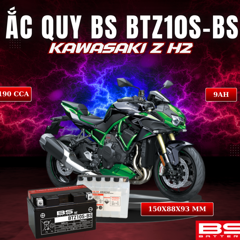 BÌNH ẮC QUY BS BATTERY BTZ10S-BS 190CCA KAWASAKI Z H2 (150 x 88 x 93 mm)