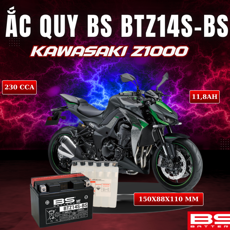 ẮC QUY BS BATTERY BTZ14S-BS 230CCA KAWASAKI Z1000 (150 x 88 x 110mm)