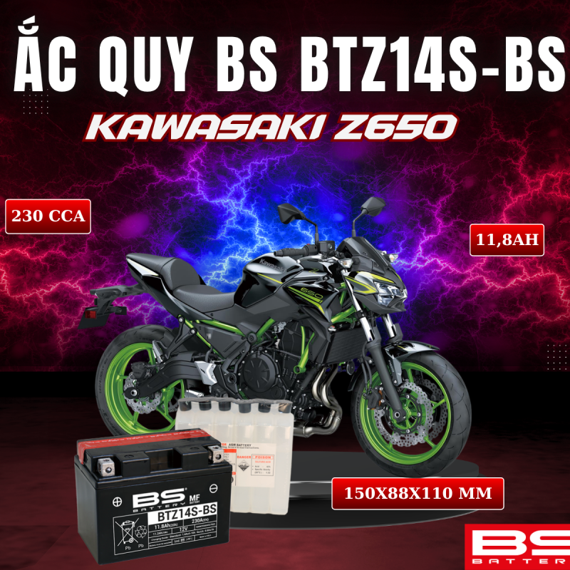 ẮC QUY BS BATTERY BTZ14S-BS 230CCA KAWASAKI Z650 (150 x 88 x 110mm)