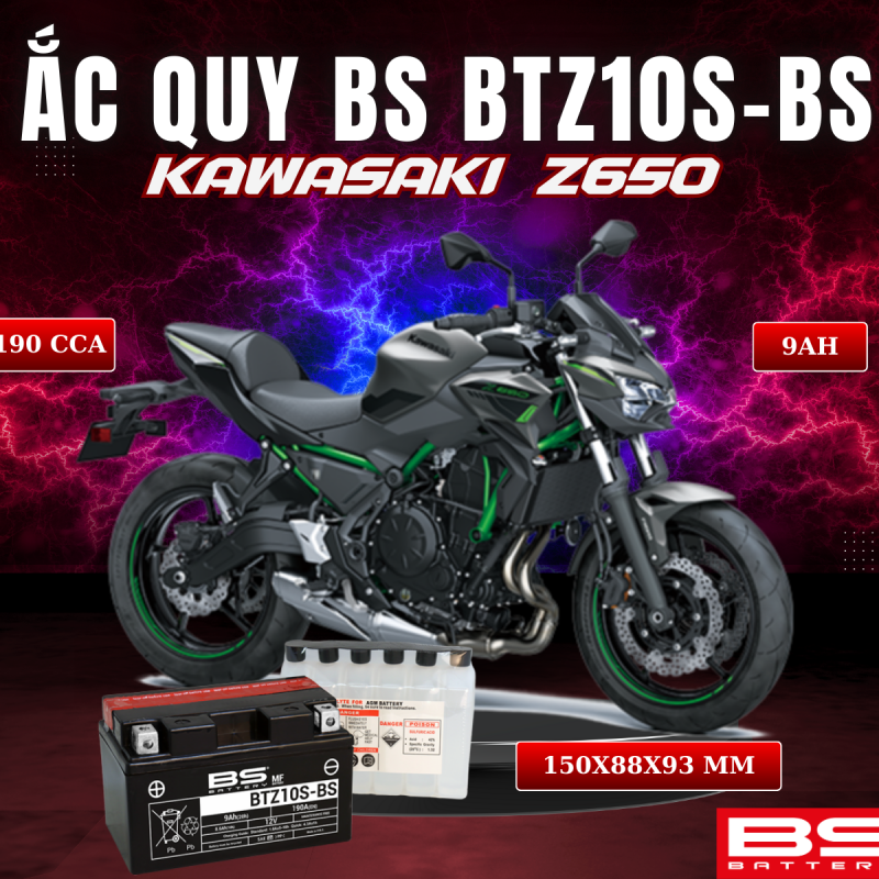 BÌNH ẮC QUY BS BATTERY BTZ10S-BS 190CCA KAWASAKI Z650 (150 x 88 x 93 mm)