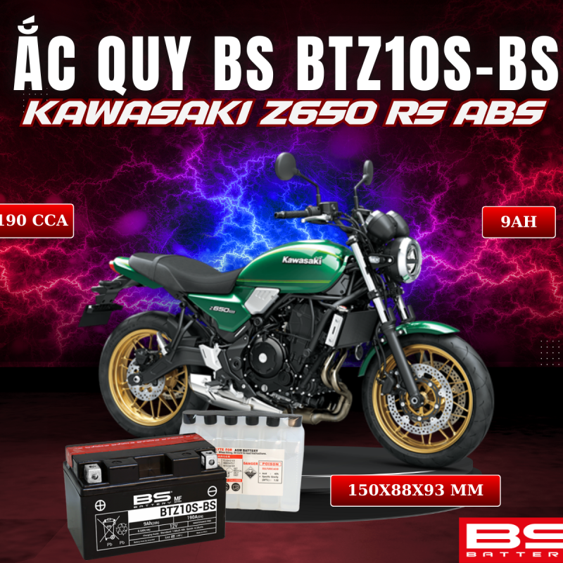 BÌNH ẮC QUY BS BATTERY BTZ10S-BS 190CCA KAWASAKI Z650 RS ABS (150 x 88 x 93 mm)