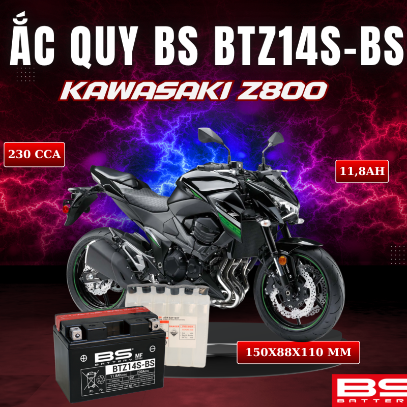 ẮC QUY BS BATTERY BTZ14S-BS 230CCA KAWASAKI Z800 (150 x 88 x 110mm)