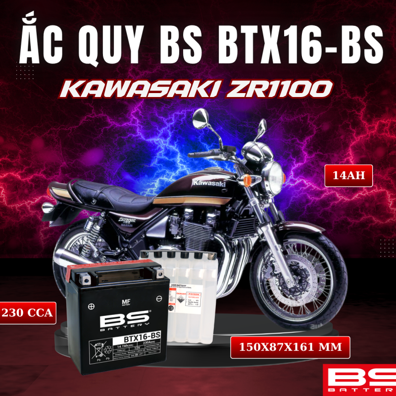 ẮC QUY BS BTX16-BS 230CCA KAWASAKI ZR1100 (150x 87x 161mm)