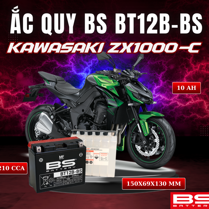 BÌNH ẮC QUY BS BT12B-BS 210CCA KAWASAKI ZX1000-C (150x69x130 mm)