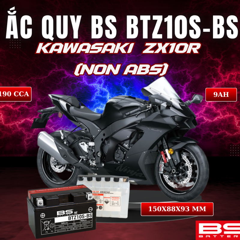 ẮC QUY BS BATTERY BTZ10S-BS 190CCA KAWASAKI NINJA ZX-10R NON ABS (150 x 88 x 93 mm)
