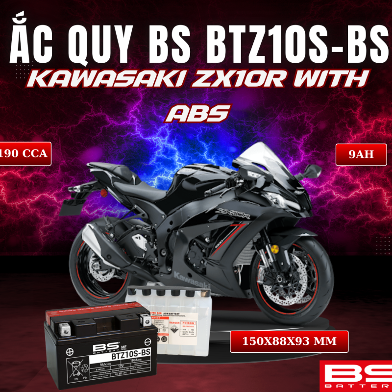 BÌNH ẮC QUY BS BATTERY BTZ10S-BS 190CCA KAWASAKI ZX10R WITH ABS (150 x 88 x 93 mm)