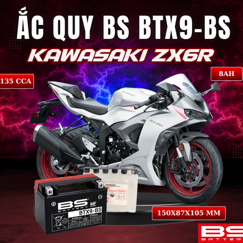 BÌNH ẮC QUY BS BATTERY BTX9-BS 135CCA KAWASAKI ZX6R (150 x 87 x 105 mm)