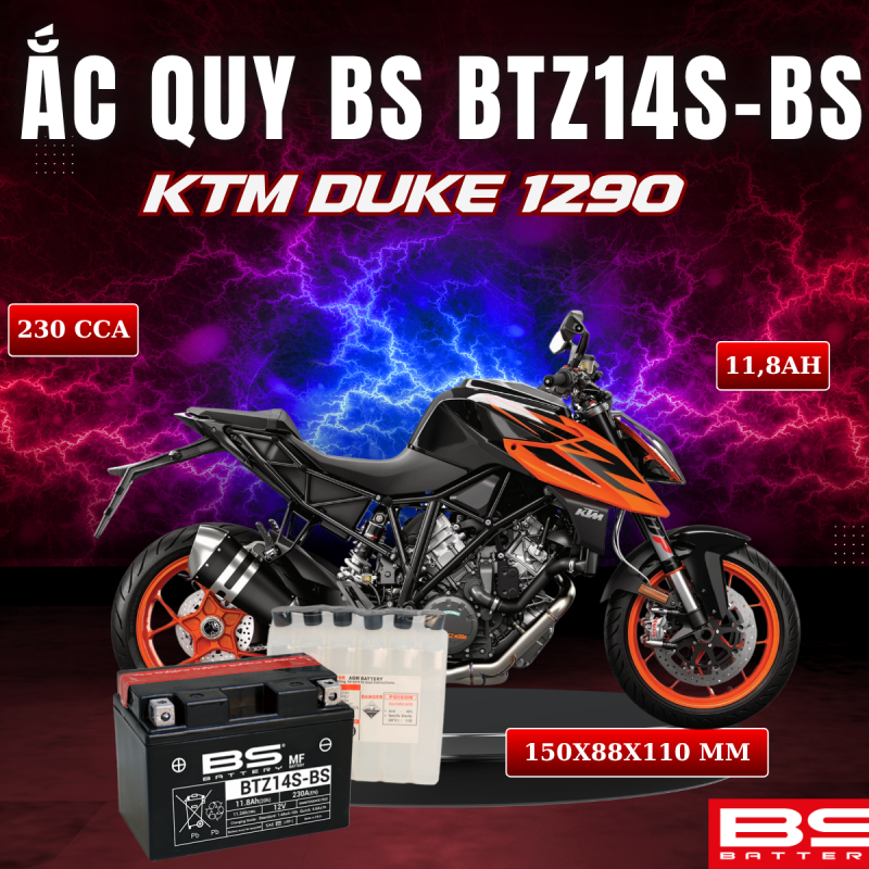 ẮC QUY BS BATTERY BTZ14S-BS 230CCA KTM DUKE 1290 (150 x 88 x 110mm)