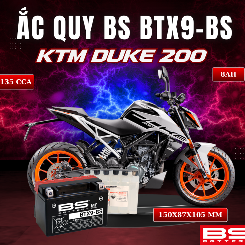 BÌNH ẮC QUY BS BATTERY BTX9-BS 135CCA KTM DUKE 200 (150 x 87 x 105 mm)