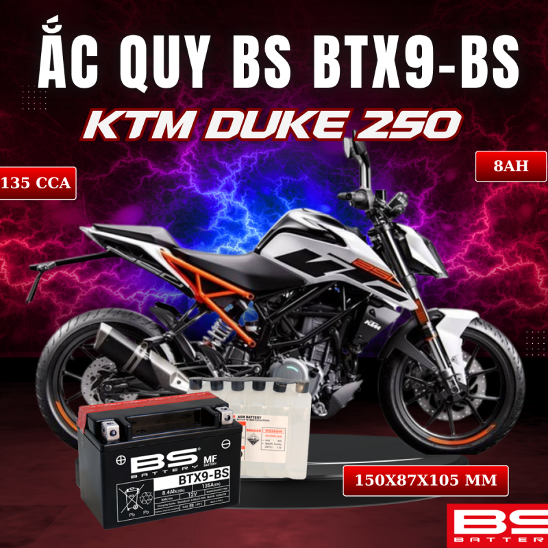 BÌNH ẮC QUY BS BATTERY BTX9-BS 135CCA KTM DUKE 250 (150 x 87 x 105 mm)