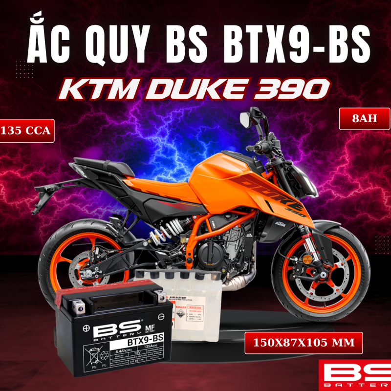 ẮC QUY BS BATTERY BTX9-BS 135CCA KTM DUKE 390 (150 x 87 x 105 mm)