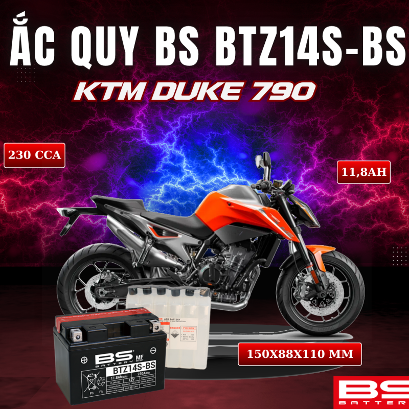 ẮC QUY BS BATTERY BTZ14S-BS 230CCA KTM DUKE 790 (150 x 88 x 110mm)