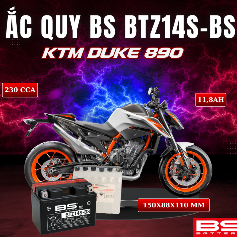ẮC QUY BS BATTERY BTZ14S-BS 230CCA KTM DUKE 890 (150 x 88 x 110mm)