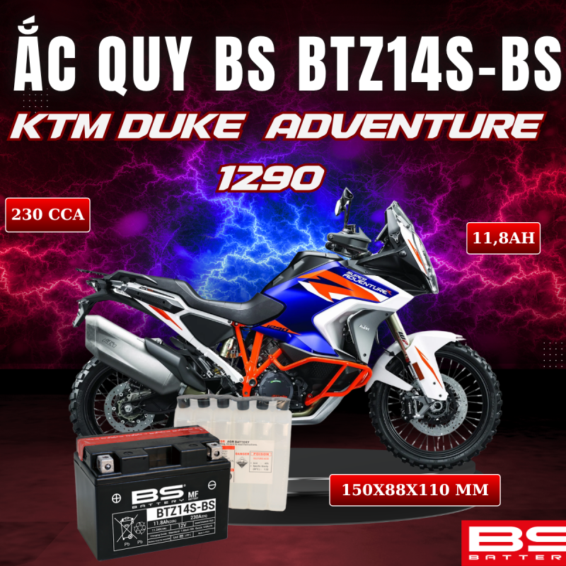 ẮC QUY BS BATTERY BTZ14S-BS 230CCA KTM DUKE  ADVENTURE 1290 (150 x 88 x 110mm)