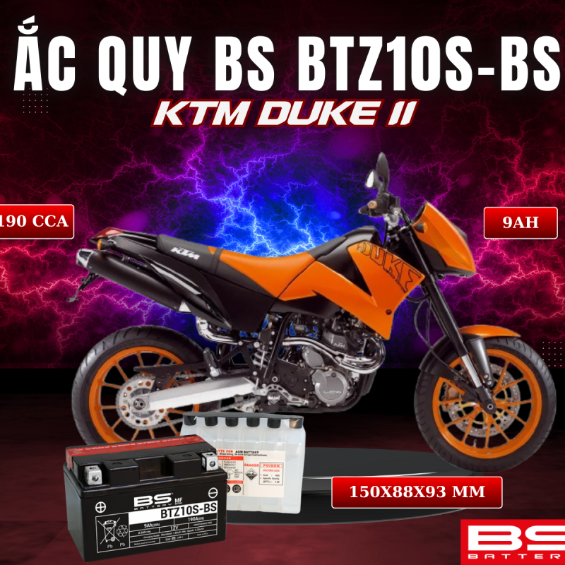 BÌNH ẮC QUY BS BATTERY BTZ10S-BS 190CCA KTM DUKE II (150 x 88 x 93 mm)