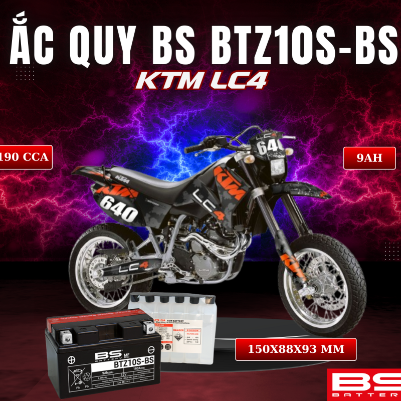 BÌNH ẮC QUY BS BATTERY BTZ10S-BS 190CCA KTM LC4 (150 x 88 x 93 mm)