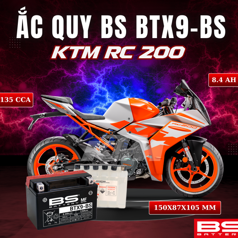 ẮC QUY BS BATTERY BTX9-BS 135CCA KTM RC 200 (150 x 87 x 105 mm)