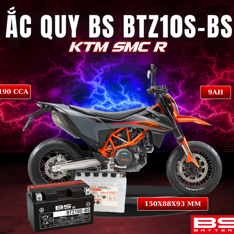 BÌNH ẮC QUY BS BATTERY BTZ10S-BS 190CCA KTM SMC R (150 x 88 x 93 mm)