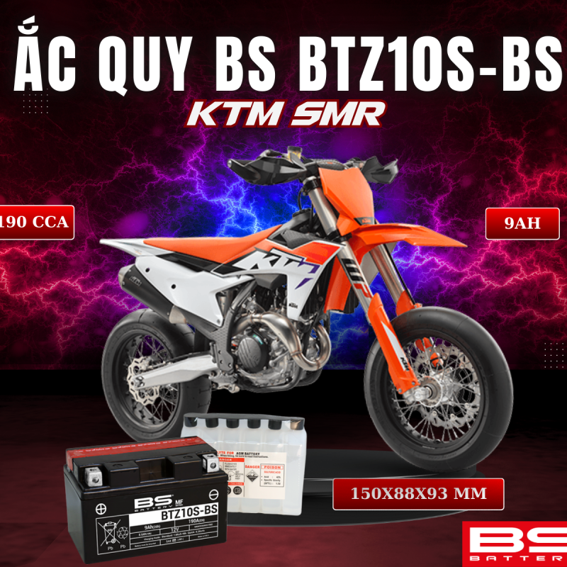 BÌNH ẮC QUY BS BATTERY BTZ10S-BS 190CCA KTM SMR (150 x 88 x 93 mm)
