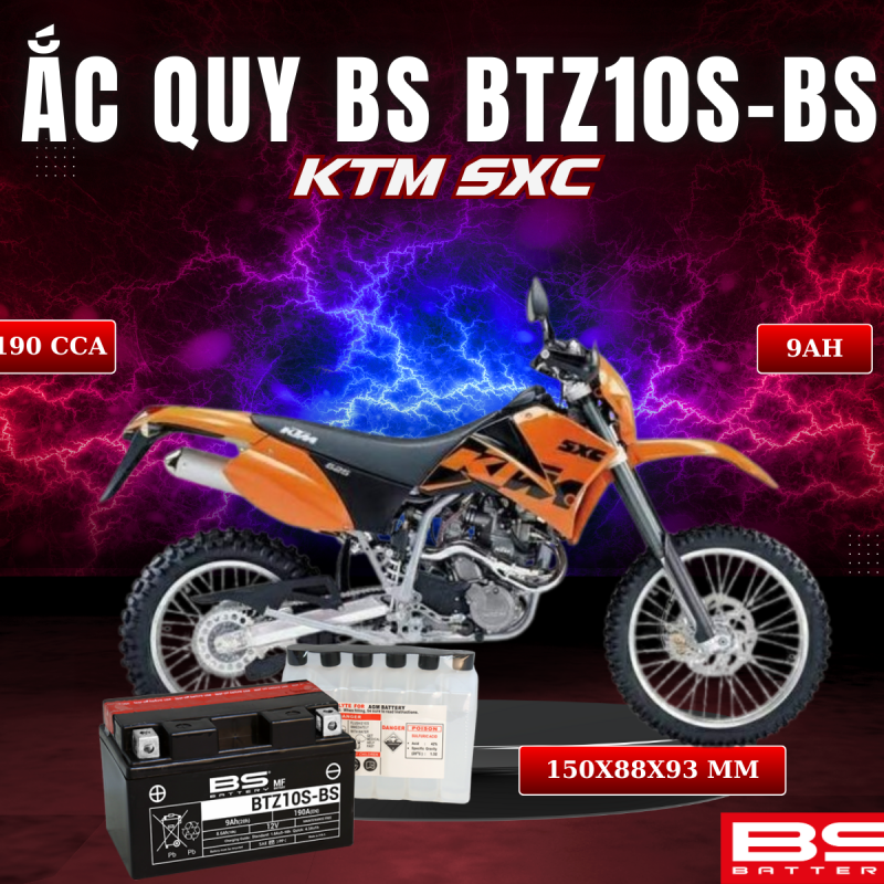 BÌNH ẮC QUY BS BATTERY BTZ10S-BS 190CCA KTM SXC (150 x 88 x 93 mm)