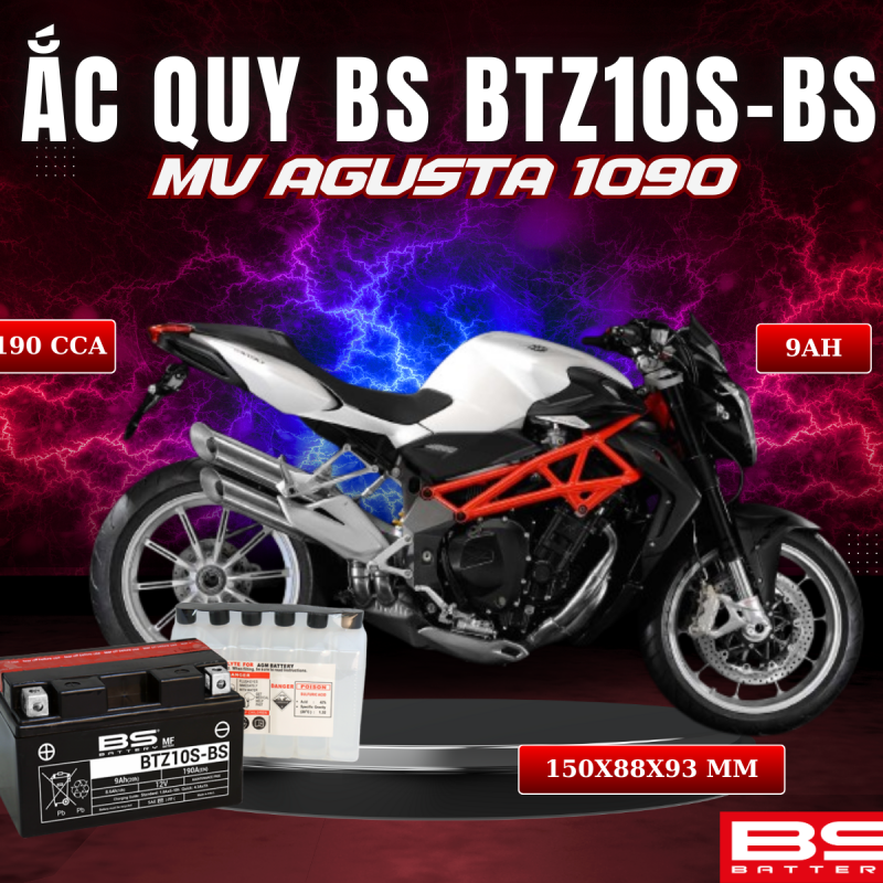 BÌNH ẮC QUY BS BATTERY BTZ10S-BS 190CCA MV AGUSTA 1090 (150 x 88 x 93 mm)