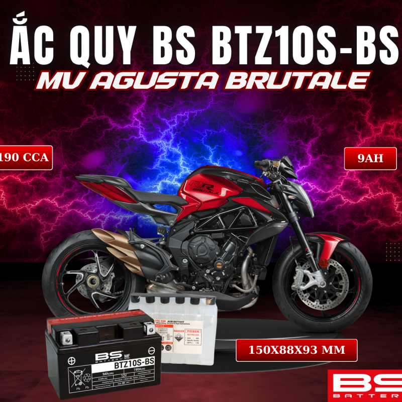 BÌNH ẮC QUY BS BATTERY BTZ10S-BS 190CCA MV AGUSTA BRUTALE (150 x 88 x 93 mm)