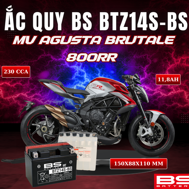 ẮC QUY BS BATTERY BTZ14S-BS 230CCA MV AGUSTA BRUTALE 800RR (150 x 88 x 110mm)